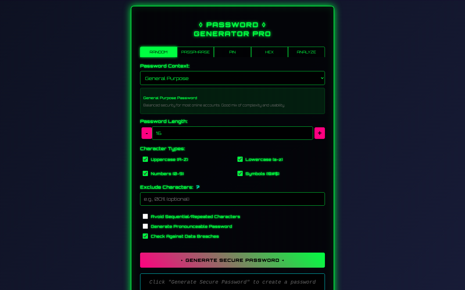Password Generator Pro's Random tab: a password length set to 16 with plus/minus controls, Uppercase/Lowercase/Numbers/Symbols toggles, and a Check Against Data Breaches option, ready to generate.