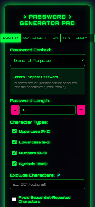 Password Generator Pro's Random tab on a phone screen, showing the same generation options as desktop in a single column.