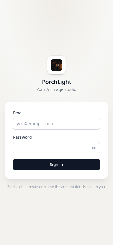 The real PorchLight sign-in screen on a phone — invite-only, no public signup.