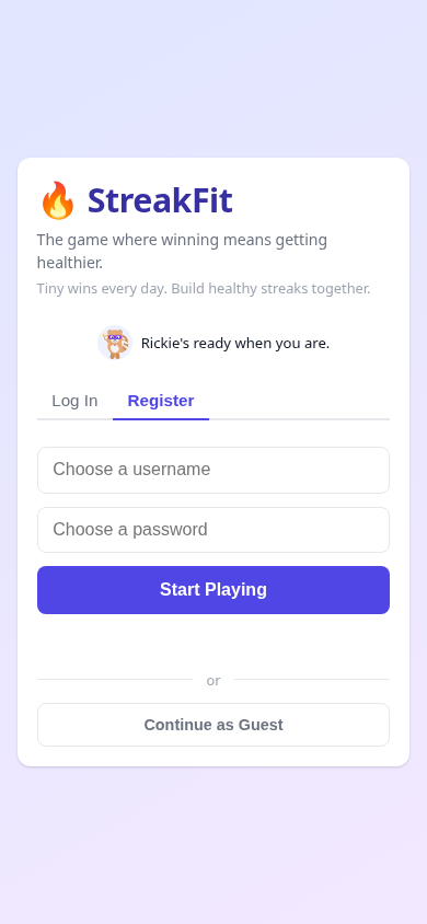 The real StreakFit sign-up screen on a phone, live at streakfit.pro, with Log In, Register, and Continue as Guest options.